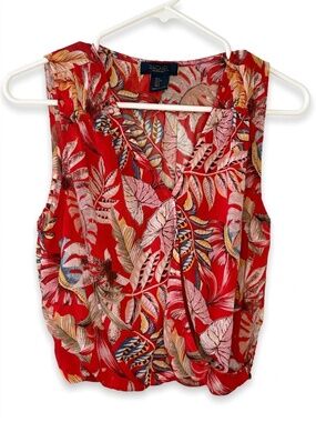 Rachel Roy Tropical Floral Wrap Top Red Gold Shimmer. Size Small